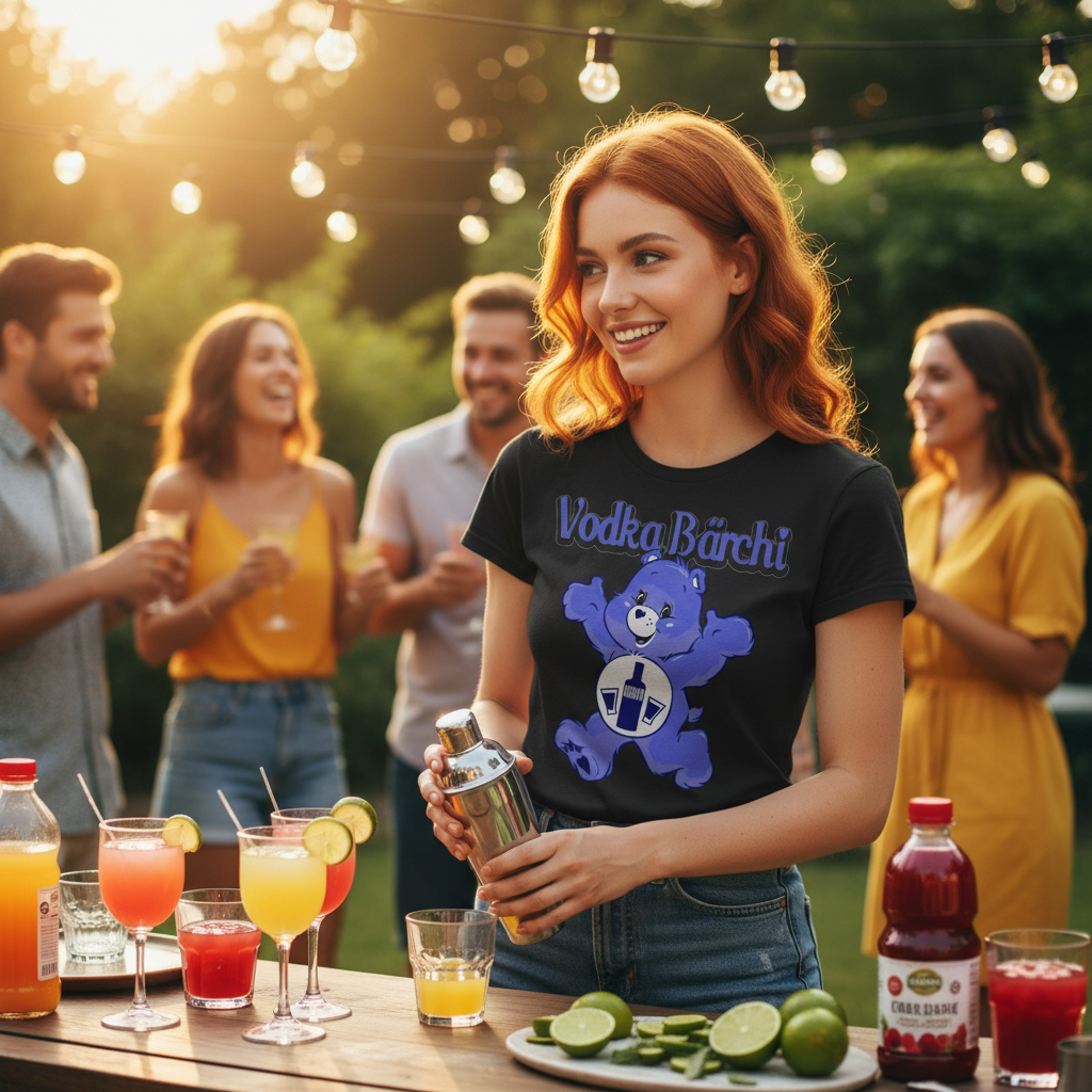 Gartenparty mit Vodka Bärchi Shirt, Cocktail-Mixing mit Limetten und Cranberry, Lichterketten