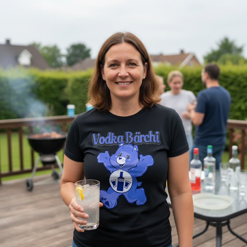Vodka Bärchi Shirt beim Grillfest im Garten, Getränke-Station mit Vodka, gesellige BBQ-Atmosphäre