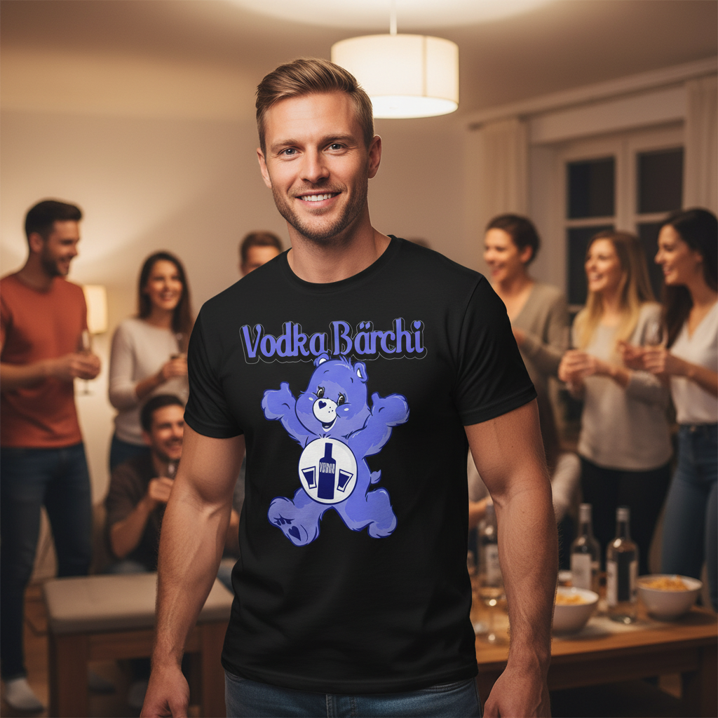Entspannte Hausparty Wohnzimmer Vodka Bärchi Glücksbärchi Shirt Vodka-Flaschen Hintergrund