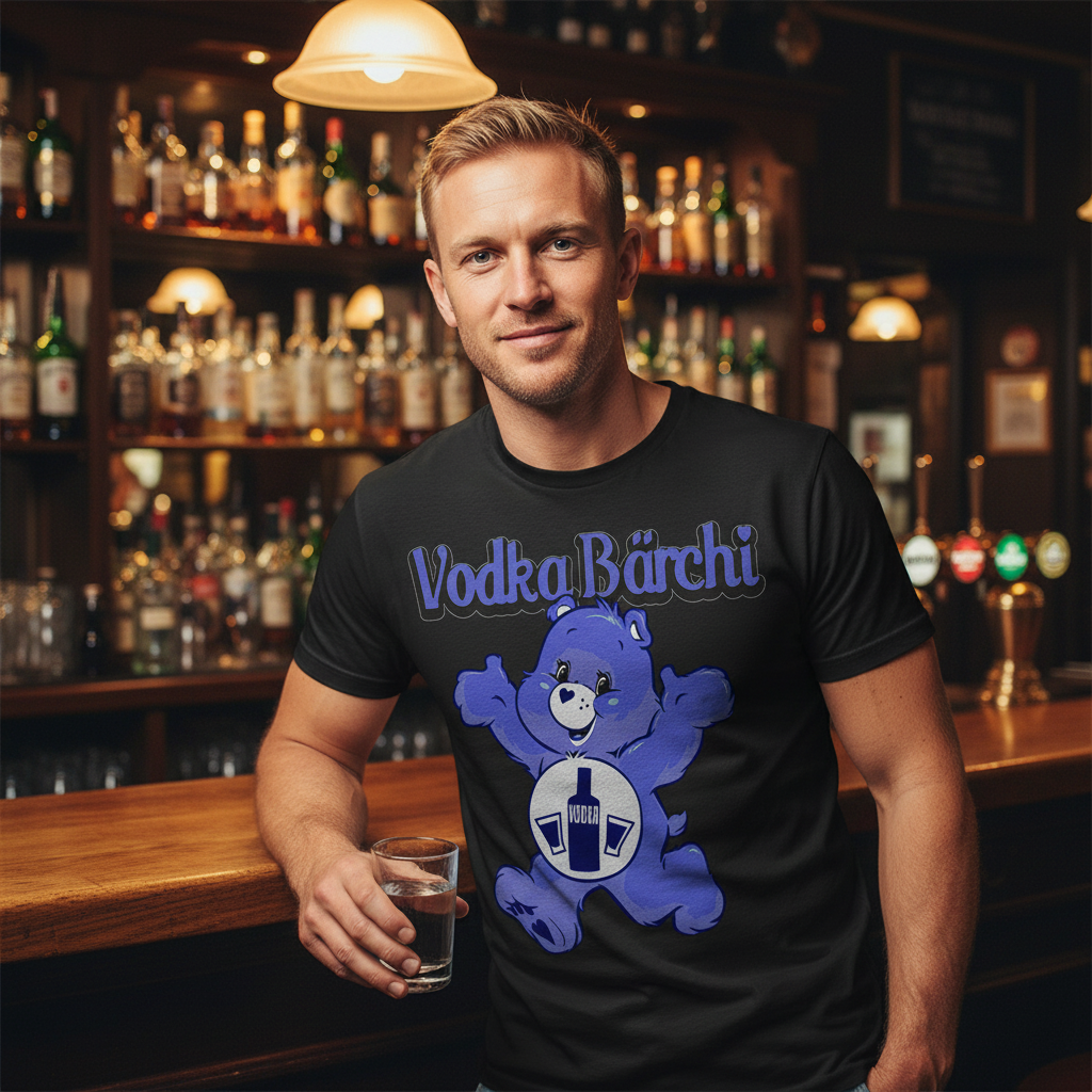Vodka Bärchi Shirt in authentischer Kneipe an der Bar, Mann mit Vodka-Glas, traditionelle Pub-Atmosphäre