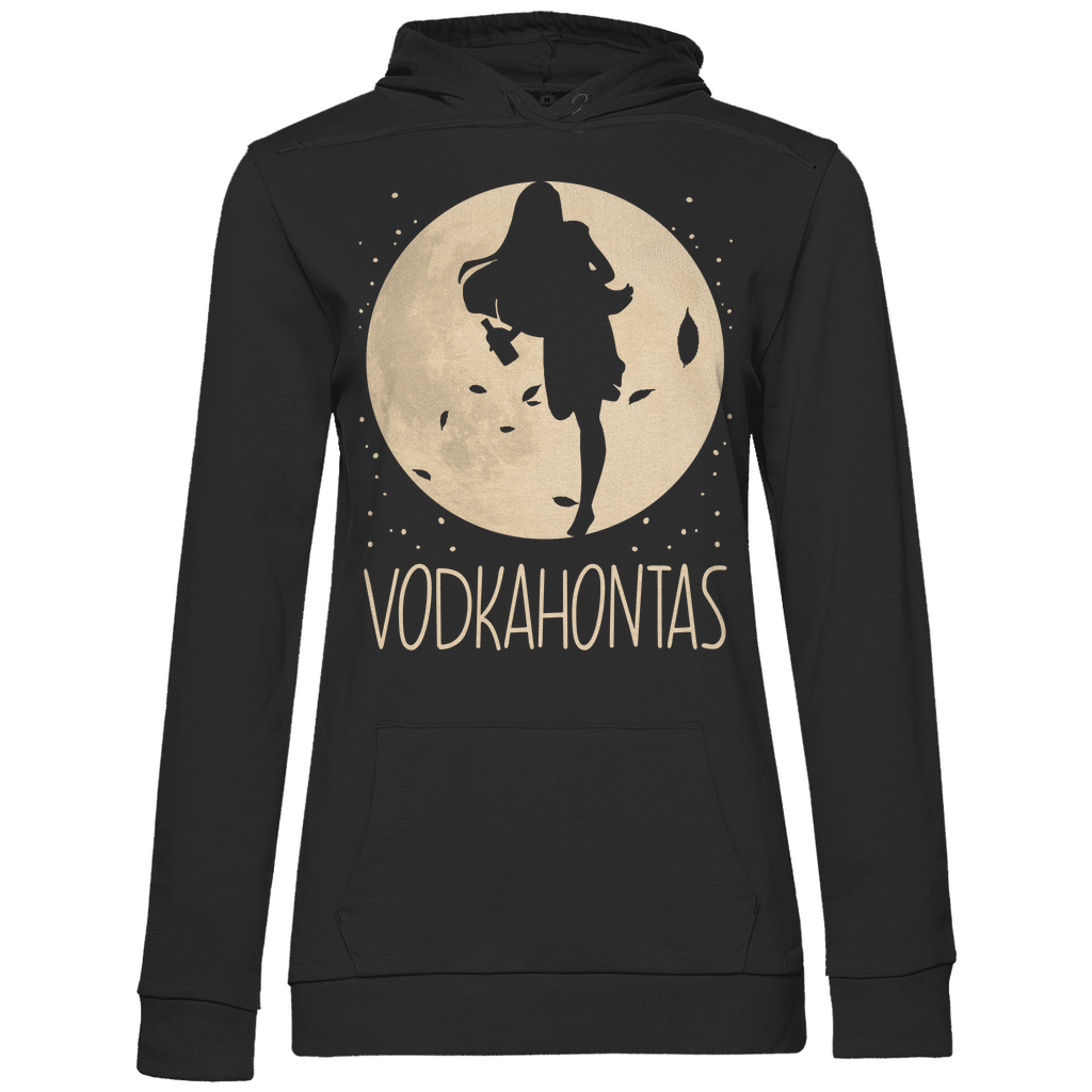 Schwarzer Damen Hoodie mit VODKAHONTAS Mond-Design Pocahontas-Parodie witzig, Frontansicht
