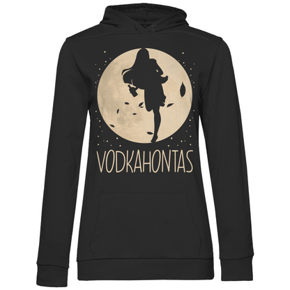 Schwarzer Damen Hoodie mit VODKAHONTAS Mond-Design Pocahontas-Parodie witzig, Frontansicht