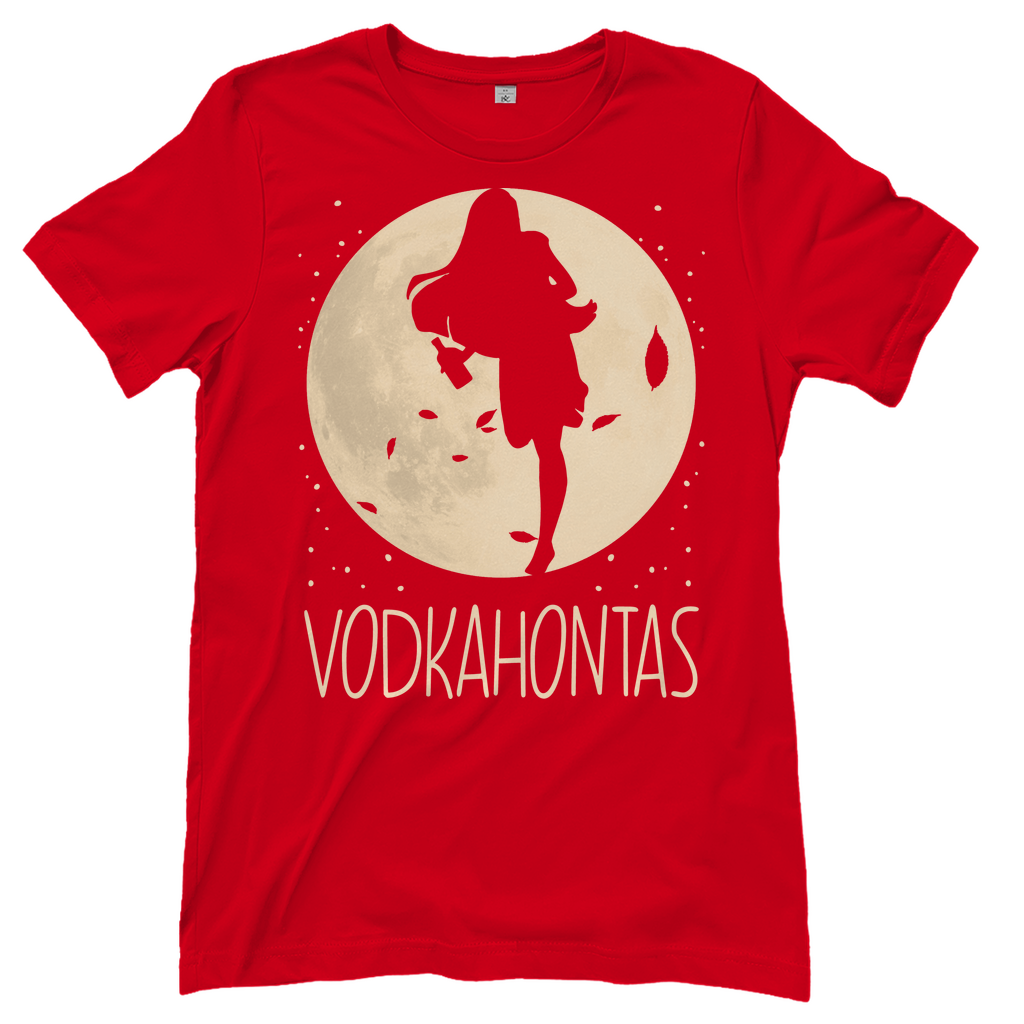 Rotes Damenshirt mit Vodkahontas Trinkprinzessin Motiv witzig für Wodka Liebhaberinnen, Frontansicht