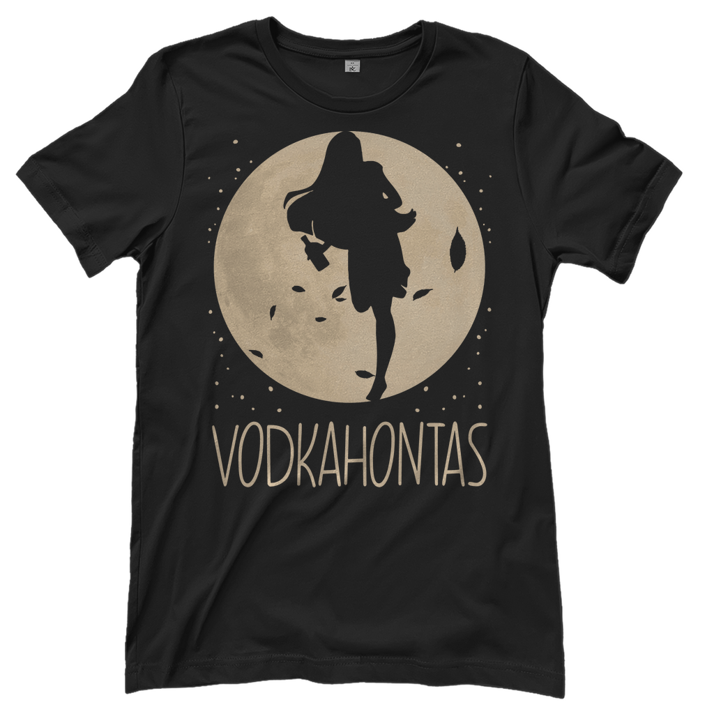 Schwarzes Damenshirt mit VODKAHONTAS Design und goldener Mond-Prinzessin Silhouette, Frontansicht