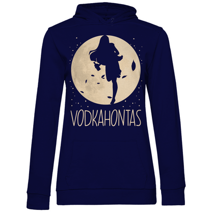 Navy blauer Frauen Pullover mit Vodkahontas Pocahontas-Parodie Mond-Prinzessin, Frontansicht