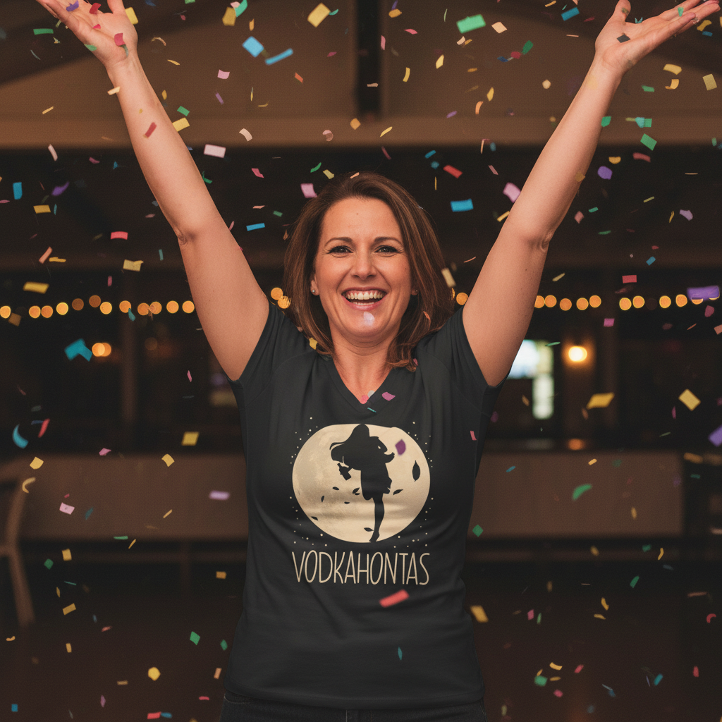 Eine Frau trägt das VODKAHONTAS Shirt bei einer JGA Feier und wirft Konfetti in die Luft