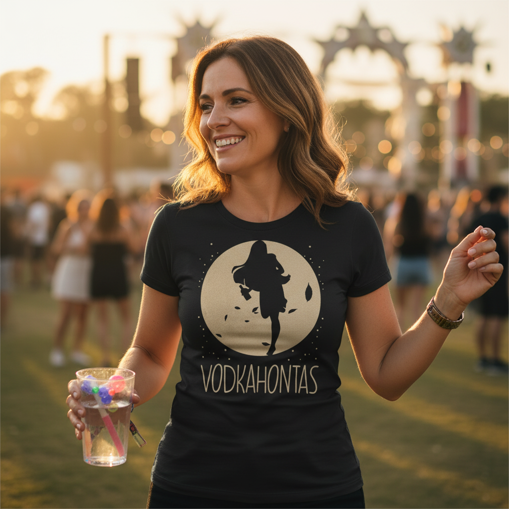 Eine Frau trägt ein Vodkahontas Festival Shirt beim Tanzen auf einer Party mit glamourösem Flair