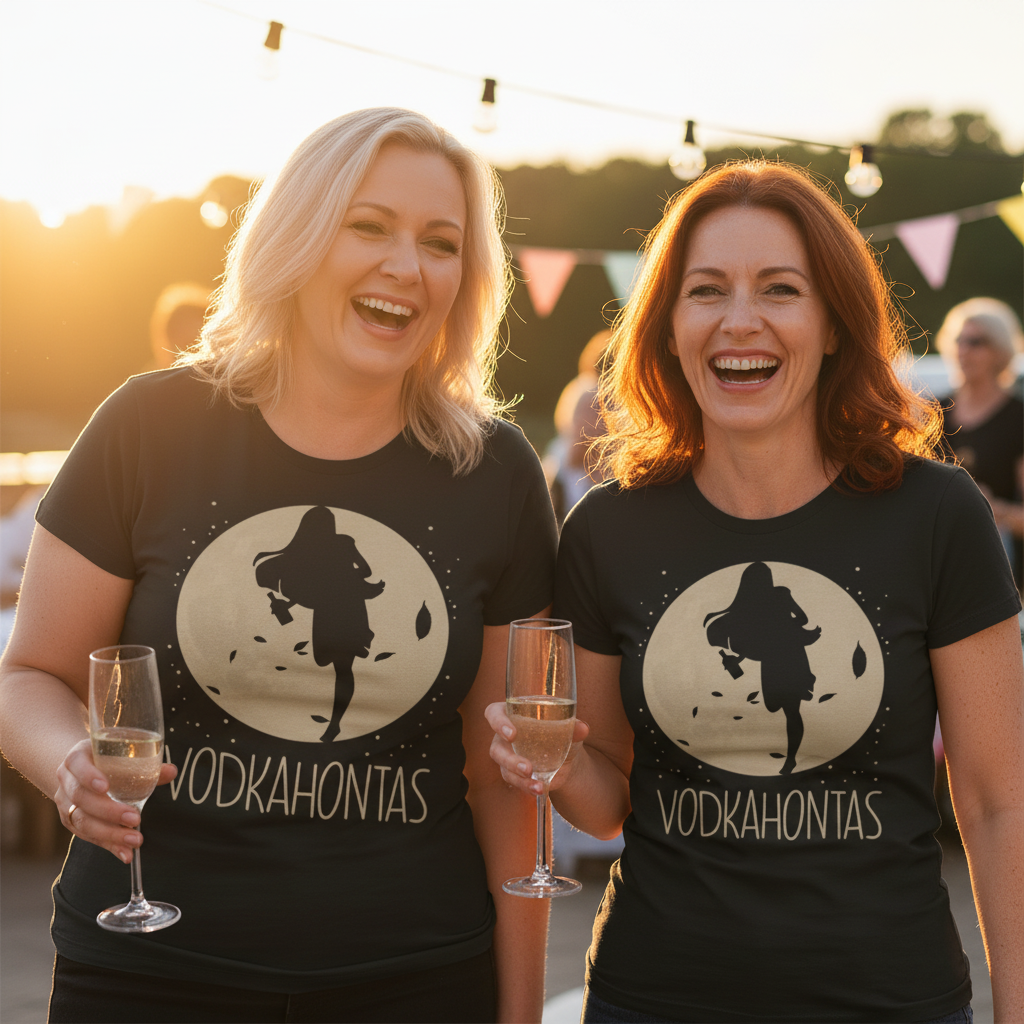 Zwei Frauen tragen VODKAHONTAS Shirts im Partnerlook bei JGA und stoßen mit Sektgläsern an