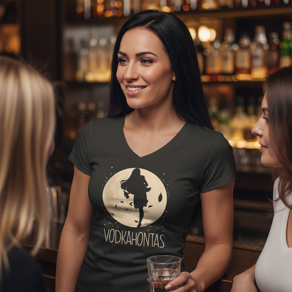 Eine Frau trägt das VODKAHONTAS Shirt in einer Cocktailbar beim Mädelsabend mit Vodka-Cocktail