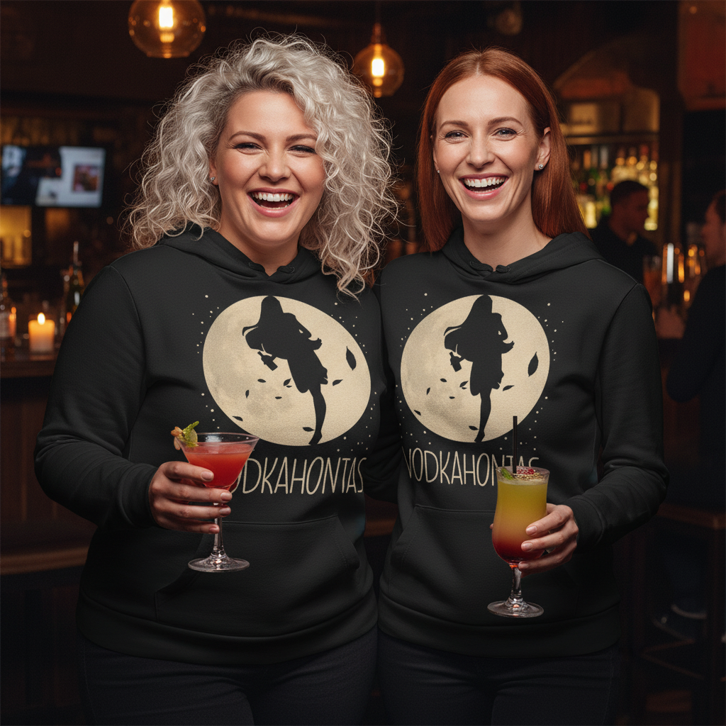 Zwei Frauen tragen den Vodkahontas Hoodie im Partnerlook in einer Cocktail-Bar in Stuttgart