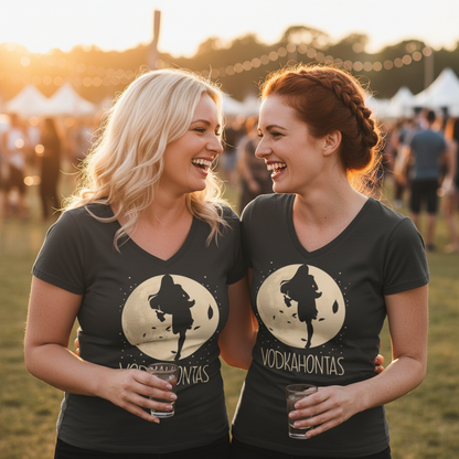 Zwei Frauen tragen VODKAHONTAS Partnerlook Shirts bei Festival Pre-Party und halten Vodka-Shots