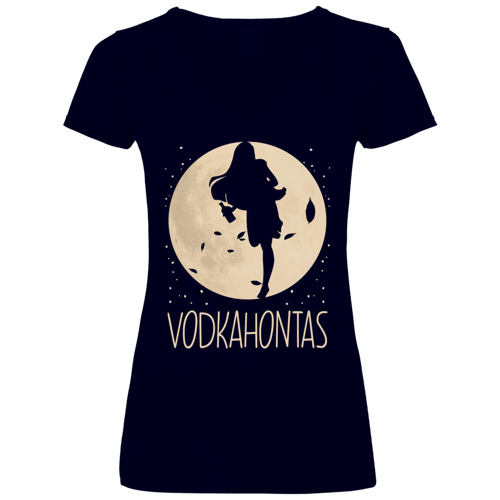 Navy V-Ausschnitt Damenshirt mit VODKAHONTAS Pocahontas Parodie Design für Partys, Frontansicht