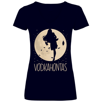 Navy V-Ausschnitt Damenshirt mit VODKAHONTAS Pocahontas Parodie Design für Partys, Frontansicht