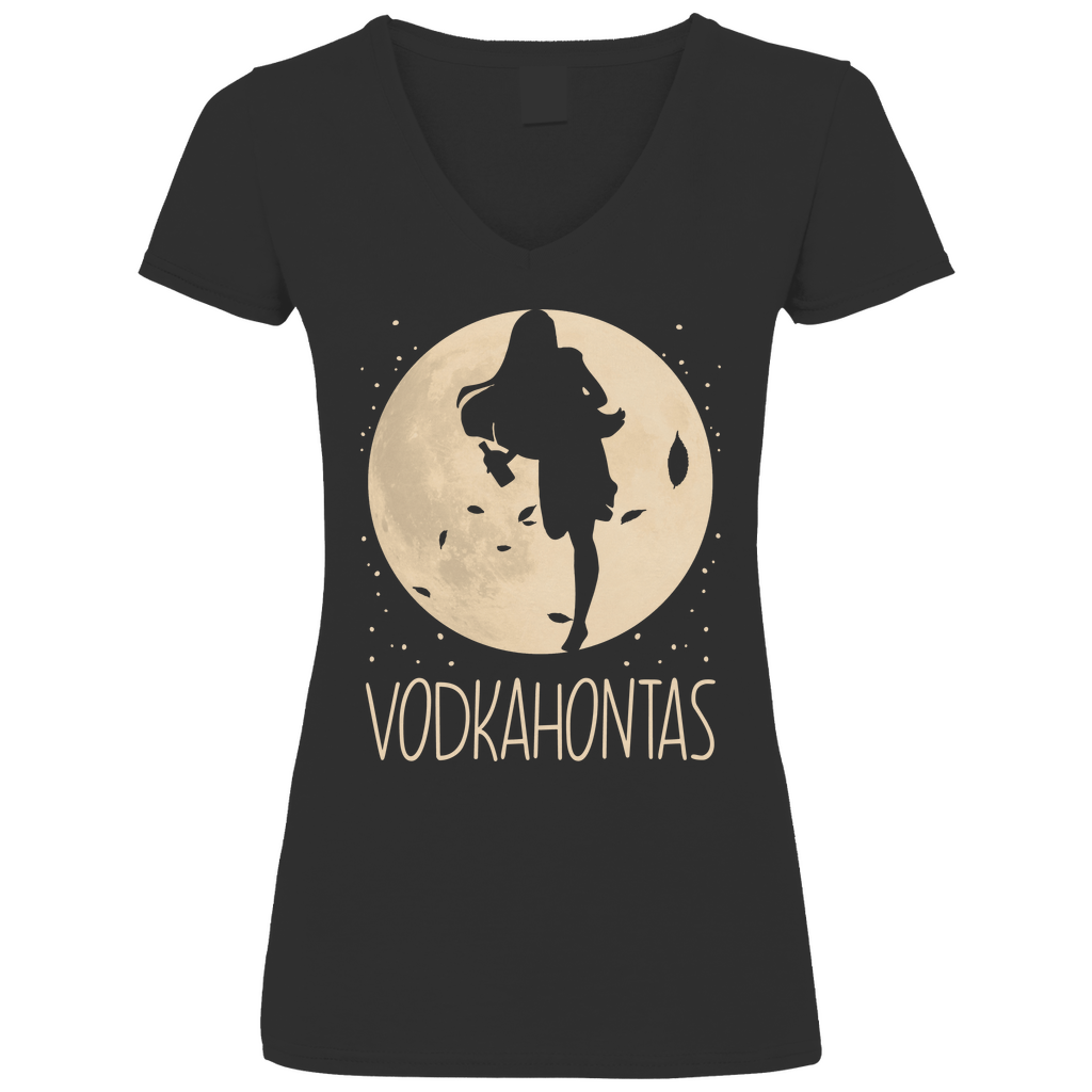 Schwarzes Damen V-Neck Shirt mit VODKAHONTAS Mond-Prinzessin Design witzig, Frontansicht
