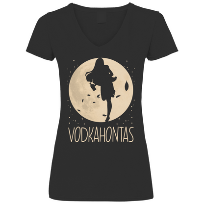 Schwarzes Damen V-Neck Shirt mit VODKAHONTAS Mond-Prinzessin Design witzig, Frontansicht