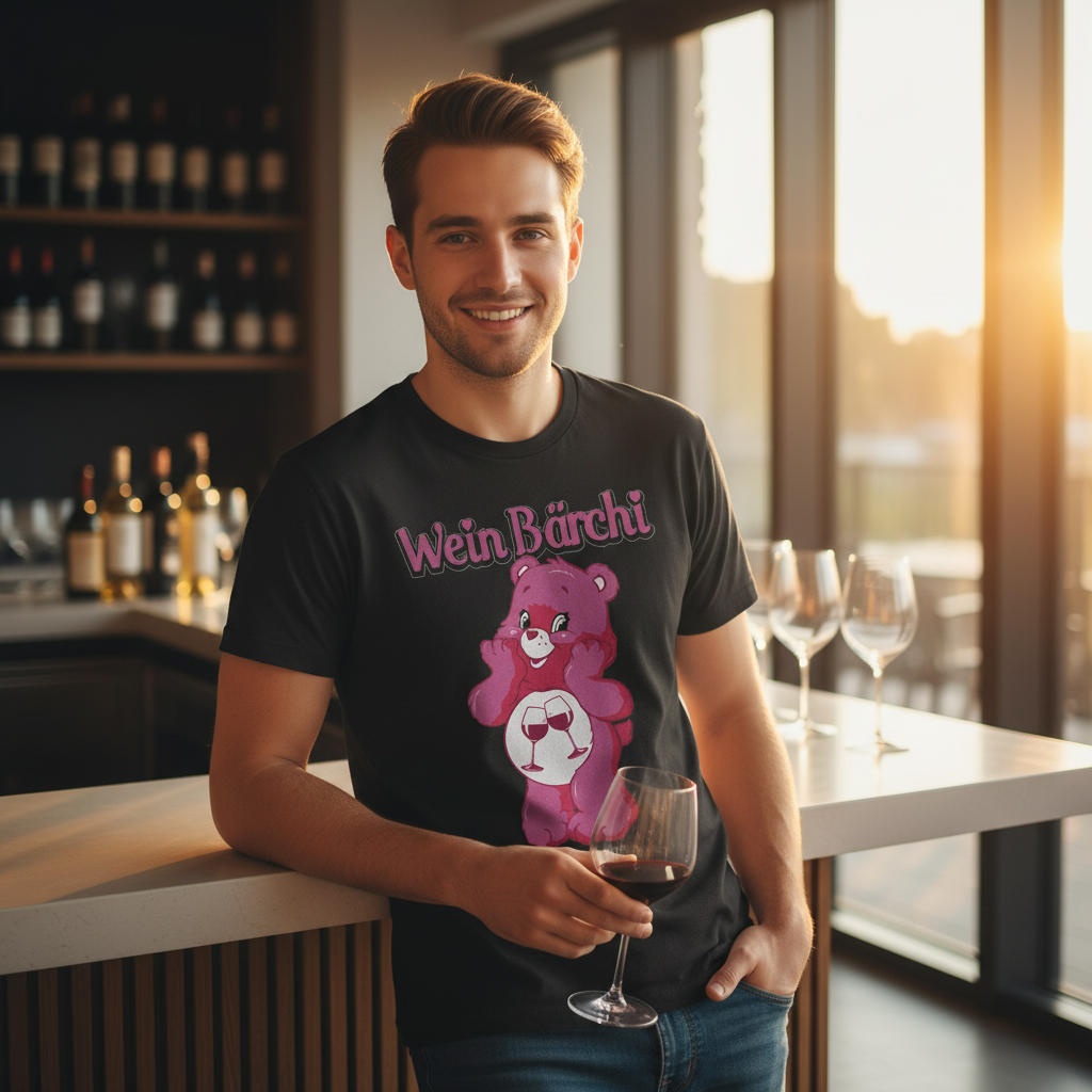Junger Weinliebhaber mit Wein Bärchi Shirt in moderner Weinbar bei Sonnenuntergang