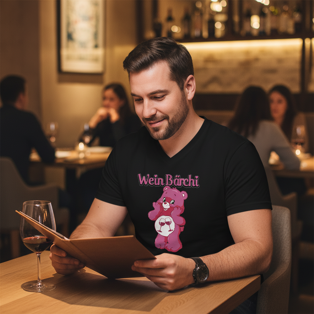 Wein Bärchi Glücksbärchi V-Neck im Restaurant, Mann studiert Weinkarte beim Dinner
