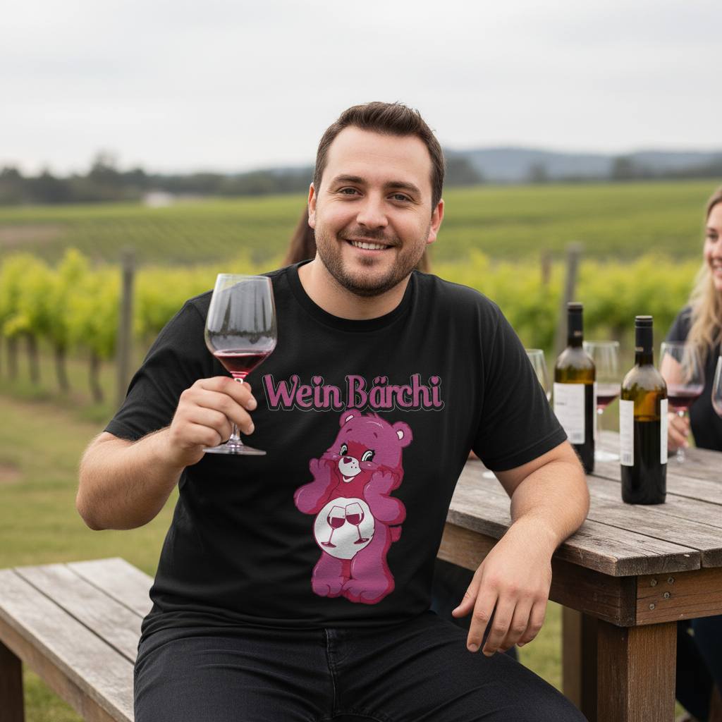 Wein Bärchi Glücksbärchi Shirt bei Weinprobe am Weingut, Mann genießt Rotwein