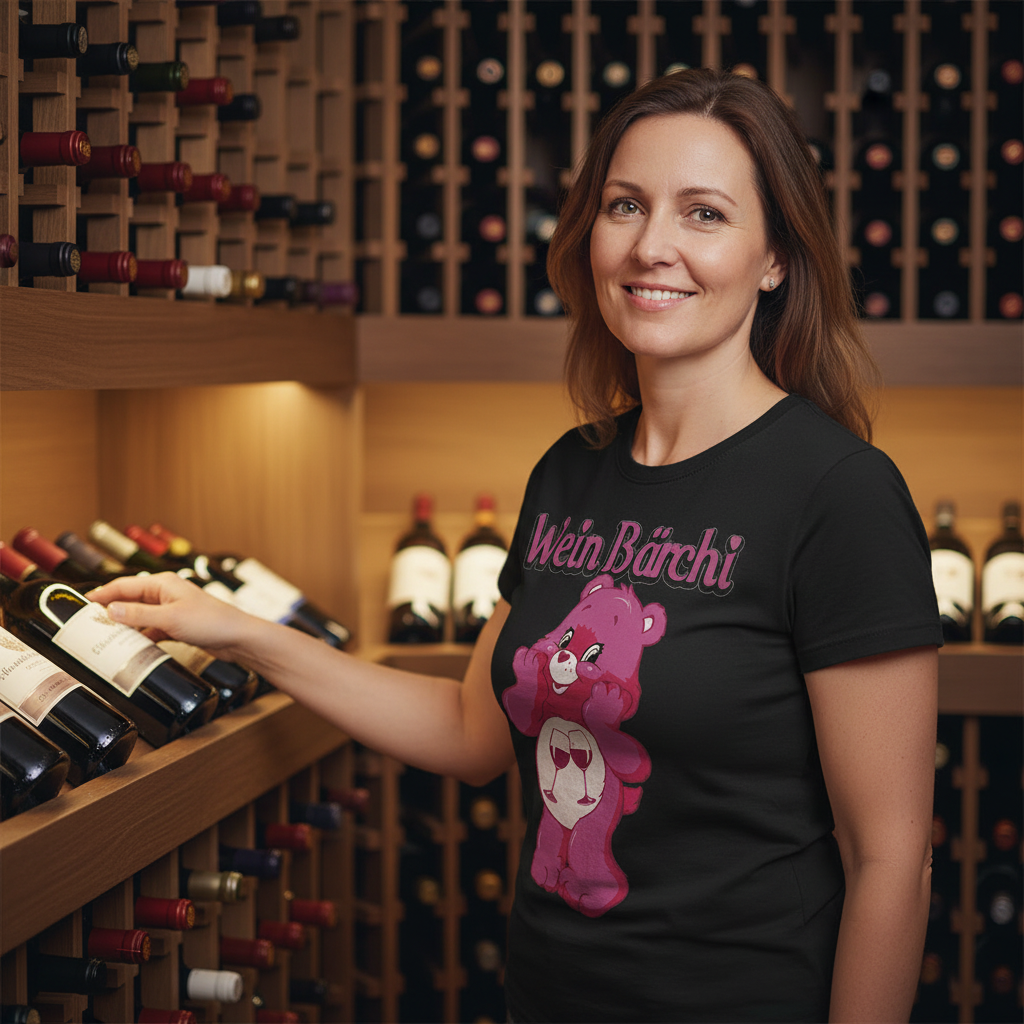 Weinliebhaberin mit Wein Bärchi Retro Bär Shirt vor eigener Weinsammlung zu Hause