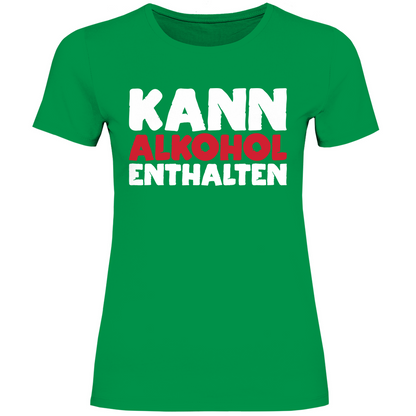 Kelly Green Shirt Damen mit witzigem Wein Spruch KANN ALKOHOL ENTHALTEN für Partys, Frontansicht