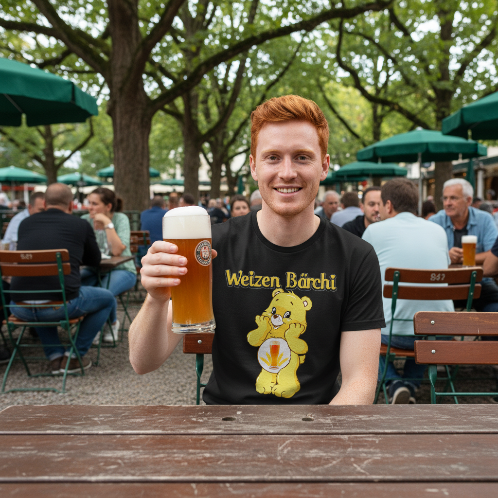 Junger Mann mit Weizen Bärchi Shirt im Biergarten, Weizenglas in der Hand, Holzbänke im Hintergrund