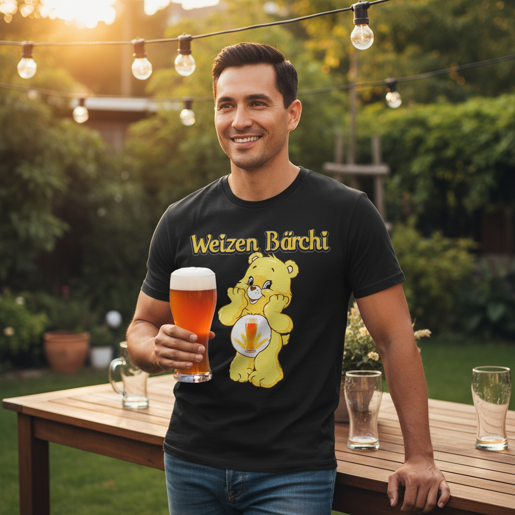 Mann auf Gartenparty mit Glücksbärchi Weizenbier Shirt, Weizenglas in Hand, Lichterketten und Abendsonne