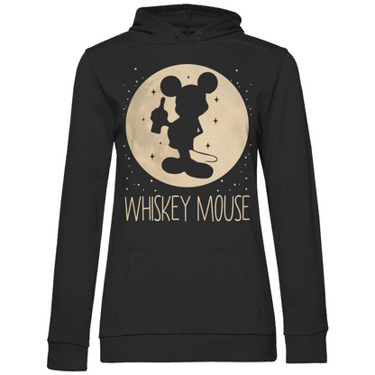 Schwarzer Damen Hoodie mit WHISKEY MOUSE Design Mond Prinzessin und Whiskeyglas, Frontansicht