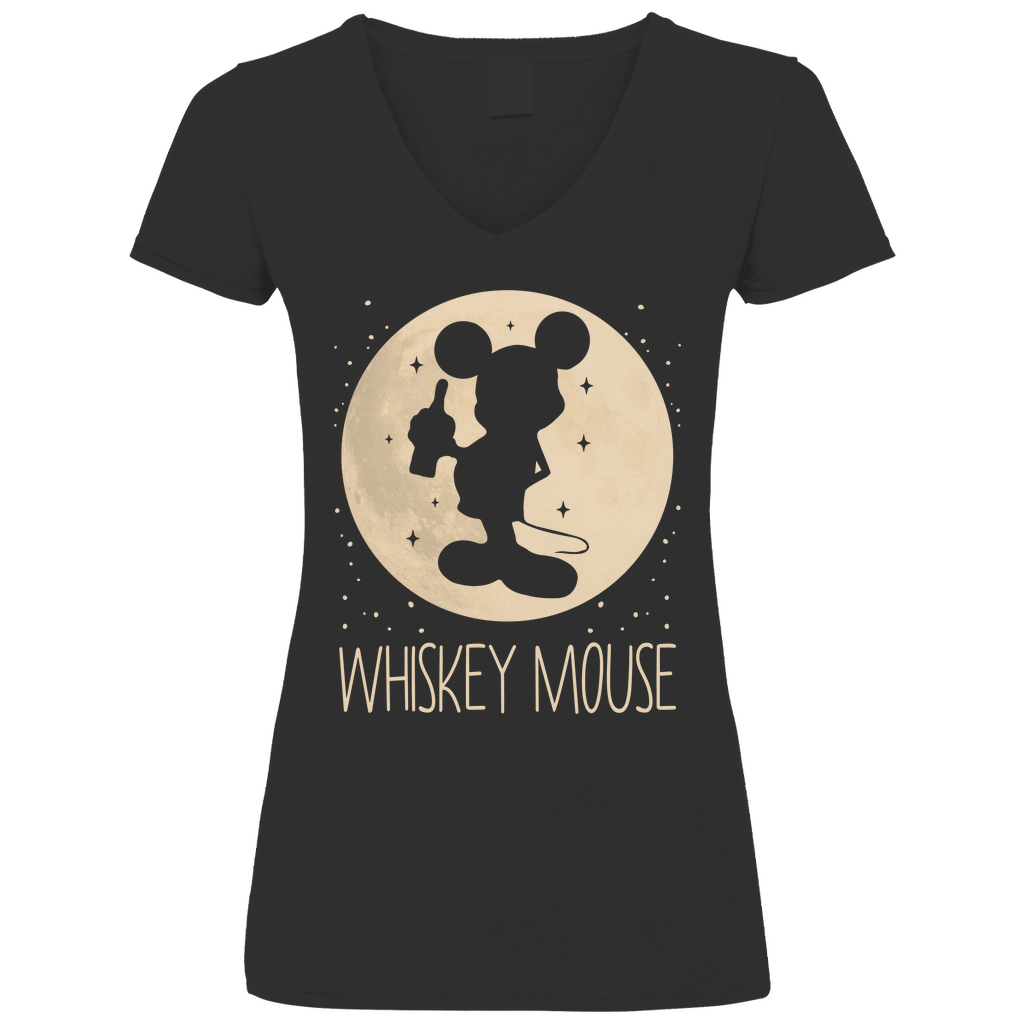 Schwarzes Damen V-Neck Shirt mit WHISKEY MOUSE Motiv Mond-Prinzessin Cartoon-Parodie, Frontansicht