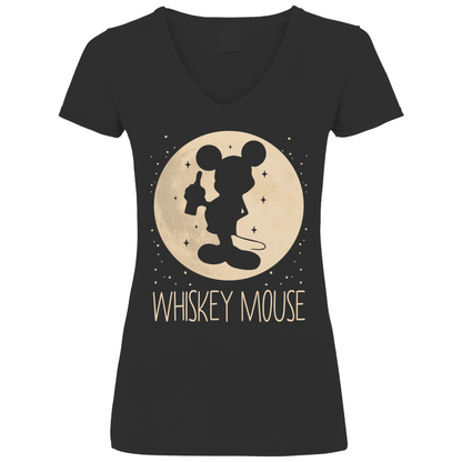 Schwarzes Damen V-Neck Shirt mit WHISKEY MOUSE Motiv Mond-Prinzessin Cartoon-Parodie, Frontansicht