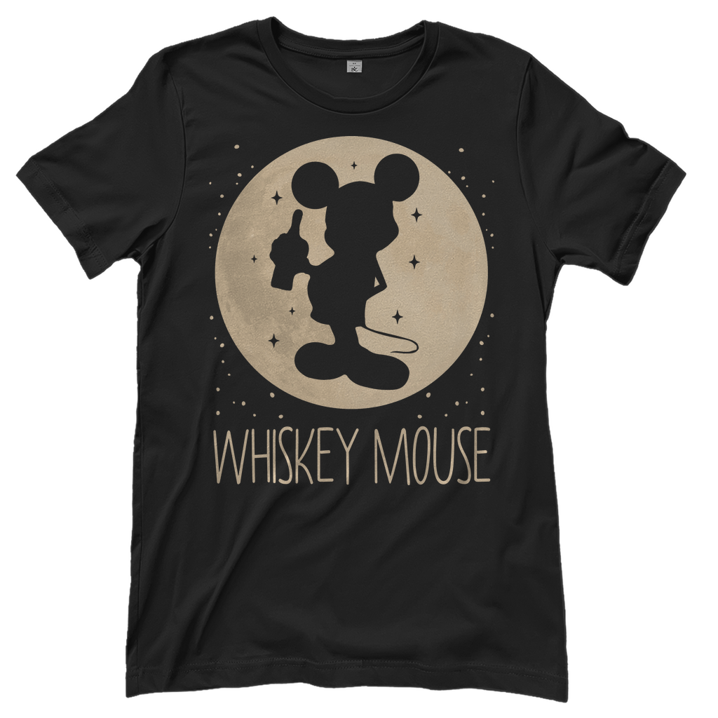 Schwarzes Damenshirt mit WHISKEY MOUSE Motiv Mond Prinzessin und Whiskeyglas, Frontansicht