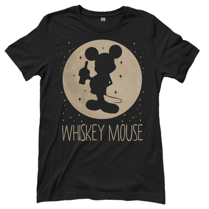 Schwarzes Damenshirt mit WHISKEY MOUSE Motiv Mond Prinzessin und Whiskeyglas, Frontansicht
