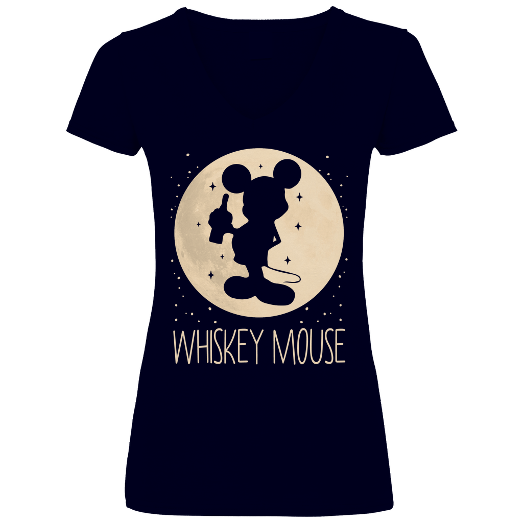 Navy V-Ausschnitt Shirt Frauen mit Whiskey Mouse Motiv Maus vor Mond Cartoon-Parodie, Frontansicht