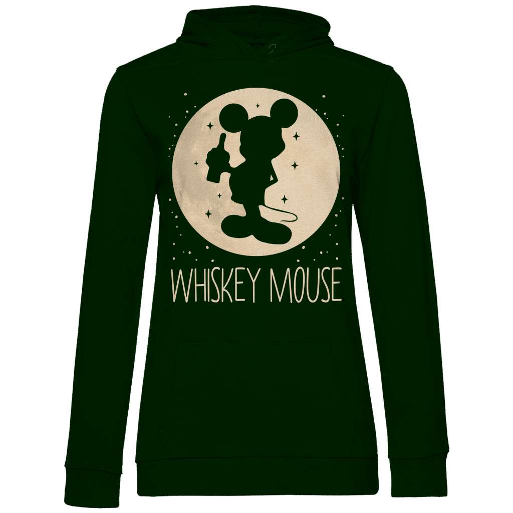 Waldgrüner Hoodie mit Whiskey Mouse Mond Prinzessin Design und Whiskeyglas Motiv, Frontansicht