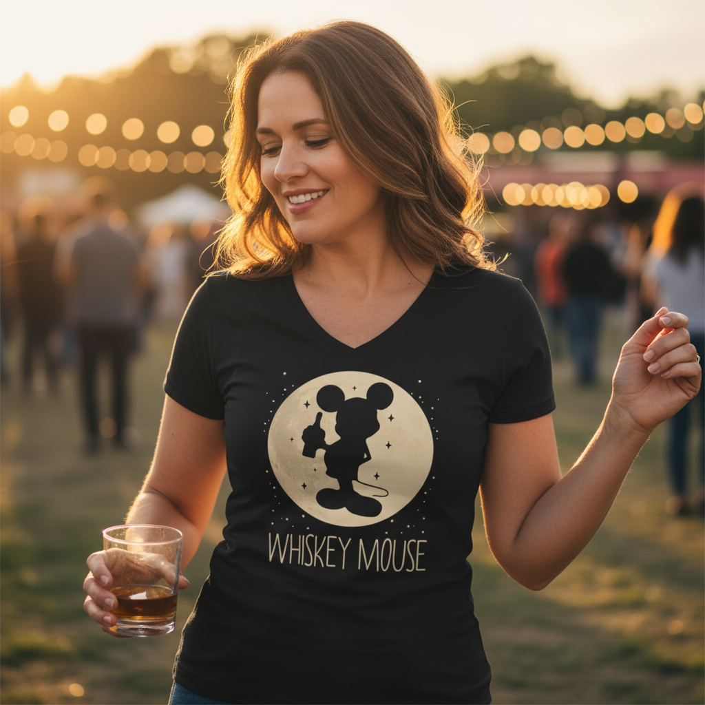 Eine Frau trägt ein Whiskey Mouse Party Shirt beim Festival im Freien und tanzt mit Whiskeyglas
