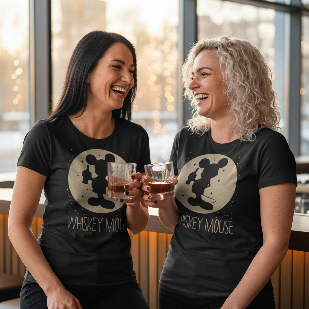 Zwei Frauen tragen Whiskey Mouse Shirts beim Mädelsabend in einer Cocktailbar und stoßen an
