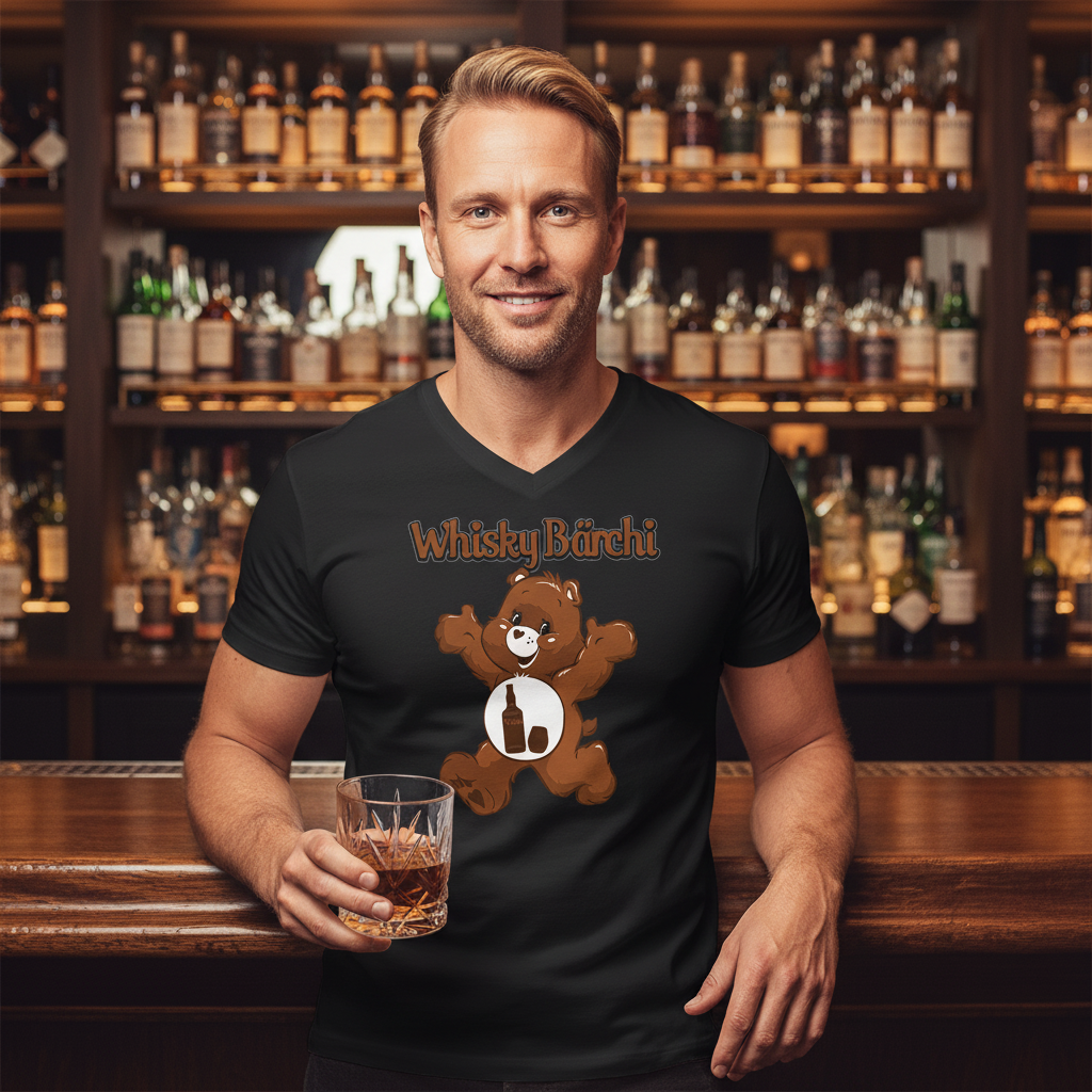 Whisky Bärchi V-Neck in stilvoller Whiskybar getragen, Scotch Sammlung im Hintergrund, Genießer-Atmosphäre
