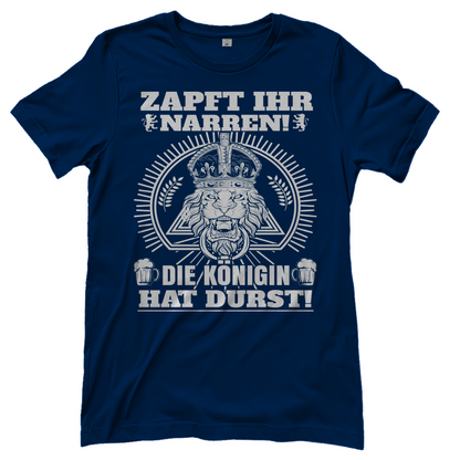 Navy Damen T-Shirt mit ZAPFT IHR NARREN DIE KÖNIGIN HAT DURST Bier Design witzig, Frontansicht