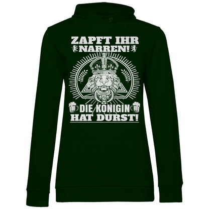 Dunkelgrüner Bierfest Hoodie für Damen mit Zapft ihr Narren die Königin hat Durst Print, Frontansicht
